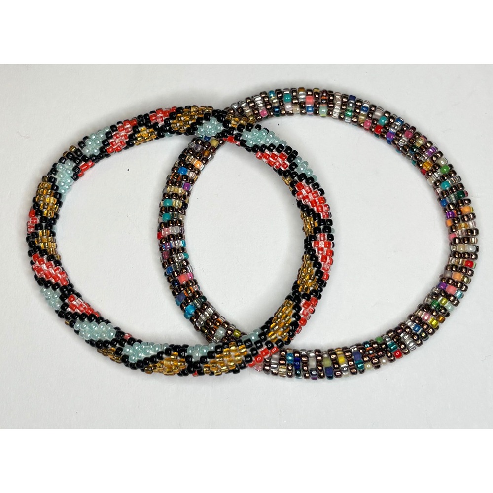 Set of 2 Handmade Glass Seed Bead Roll-On Crochet Bracelets Boho Geometric 7in